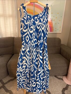 Blue and White Tie-Strap Printed Midi Dress